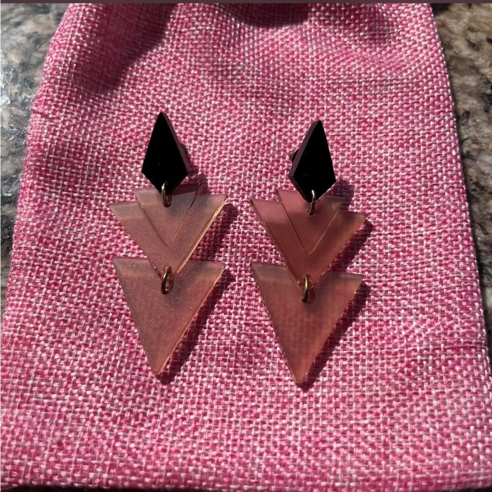 Handmade in the U.K. black & pink Art Deco inspired earrings with gold accents